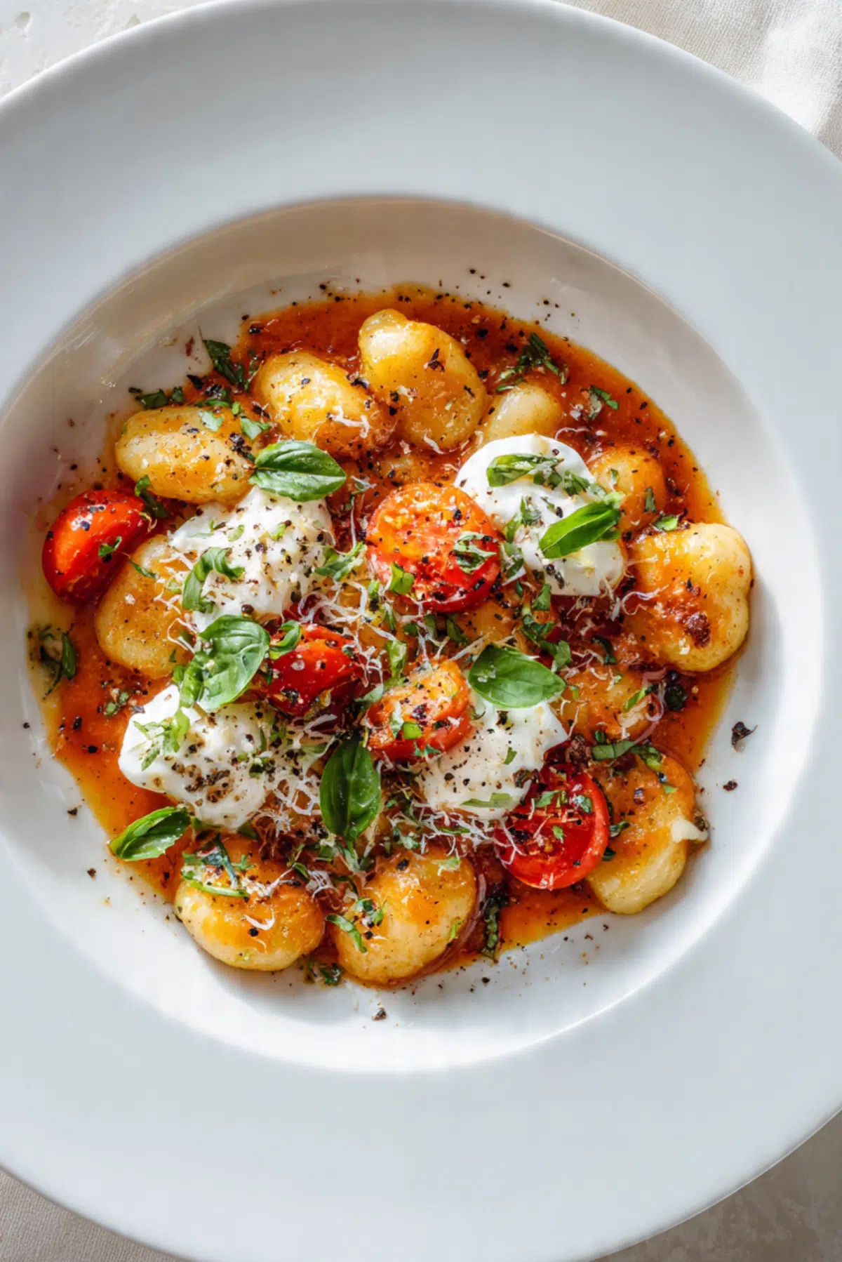 Burrata gnocchi with basil and tomato