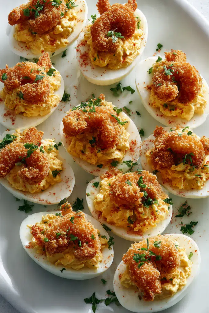 Cajun Deviled Eggs with Fried Shrimp