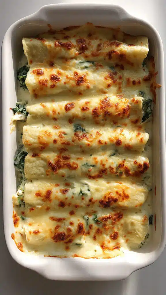 Cheesy Chicken Spinach Stuffed Crepes Bake