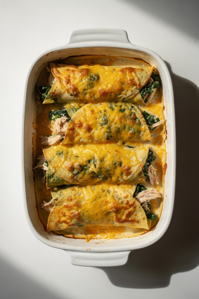 Cheesy Chicken Spinach Stuffed Crepes Bake