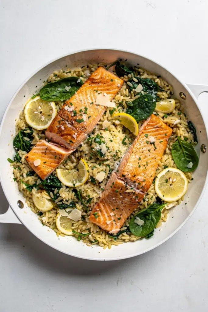 One Skillet Salmon with Lemon Orzo Recipe