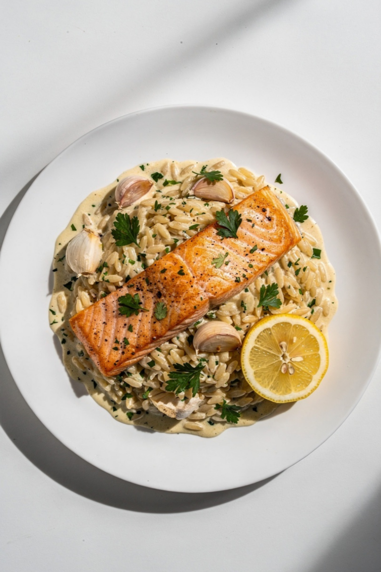 Creamy Garlic Orzo with Salmon