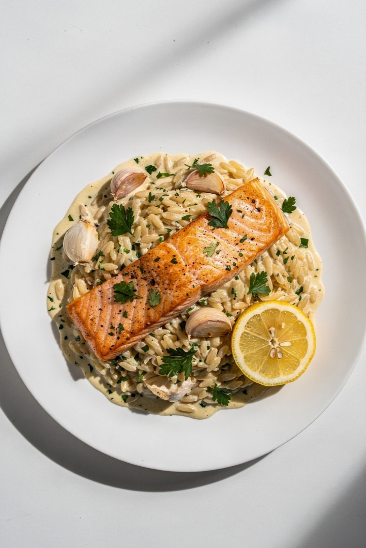 Creamy Garlic Orzo with Salmon
