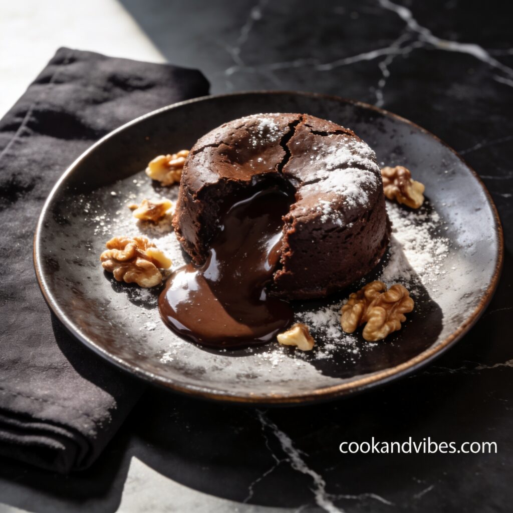 Beautifully plated gluten free dark chocolate lava cake with oozing molten center and toasted walnuts on black marble countertop