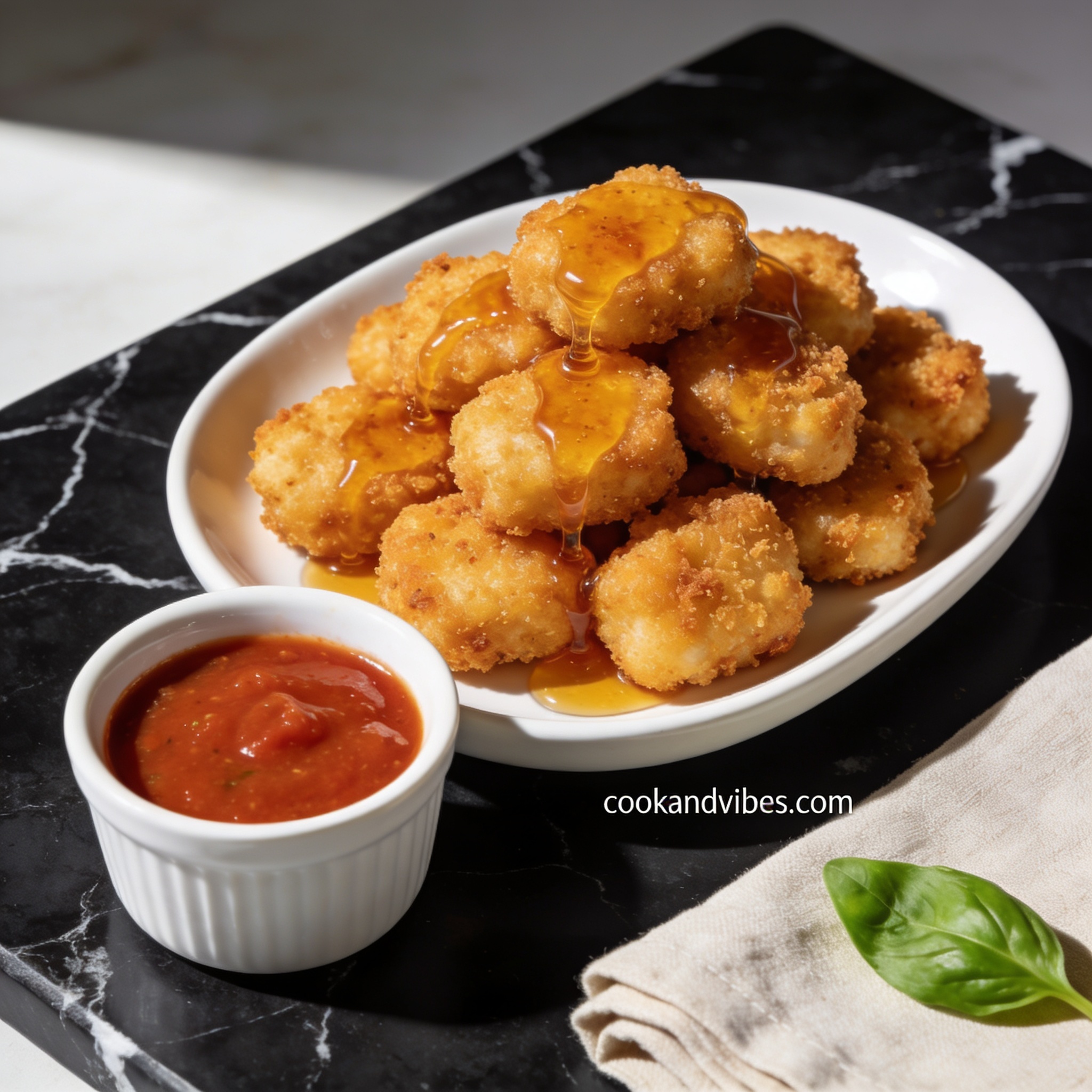 Beautifully plated air fryer crispy chicken parmesan bites with honey drizzle on black marble countertop