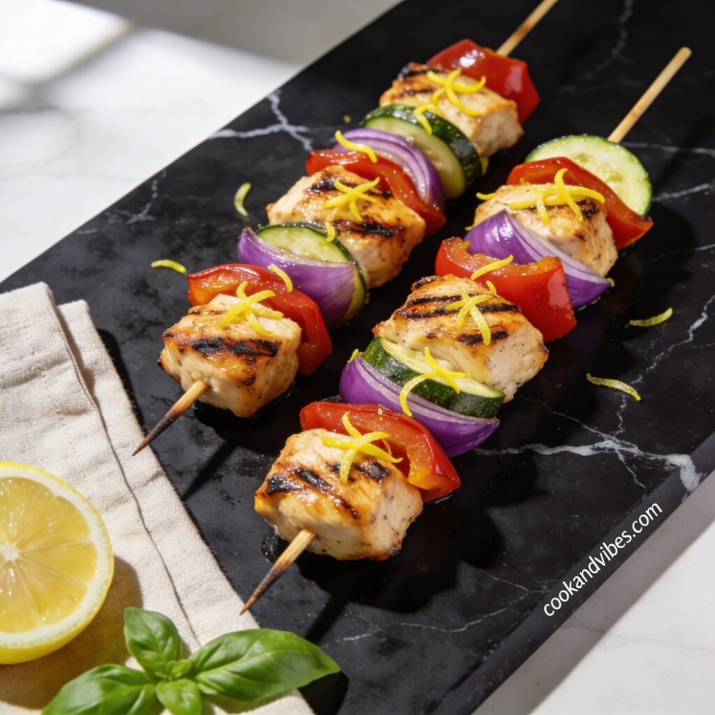 grilled chicken and vegetable skewers with lemon zest hero shot — beautifully plated general recipe on black marble countertop