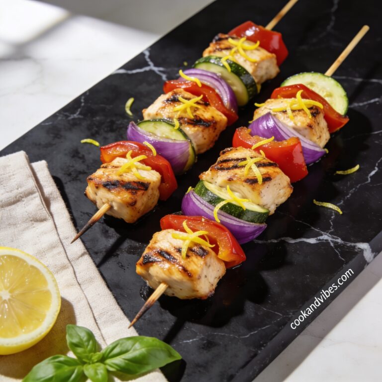 grilled chicken and vegetable skewers with lemon zest hero shot — beautifully plated general recipe on black marble countertop