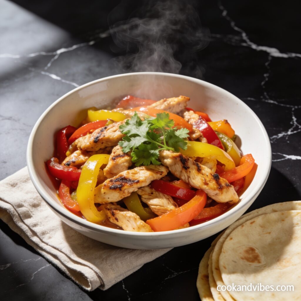 Beautifully plated air fryer kid friendly chicken fajita with bell peppers on black marble countertop