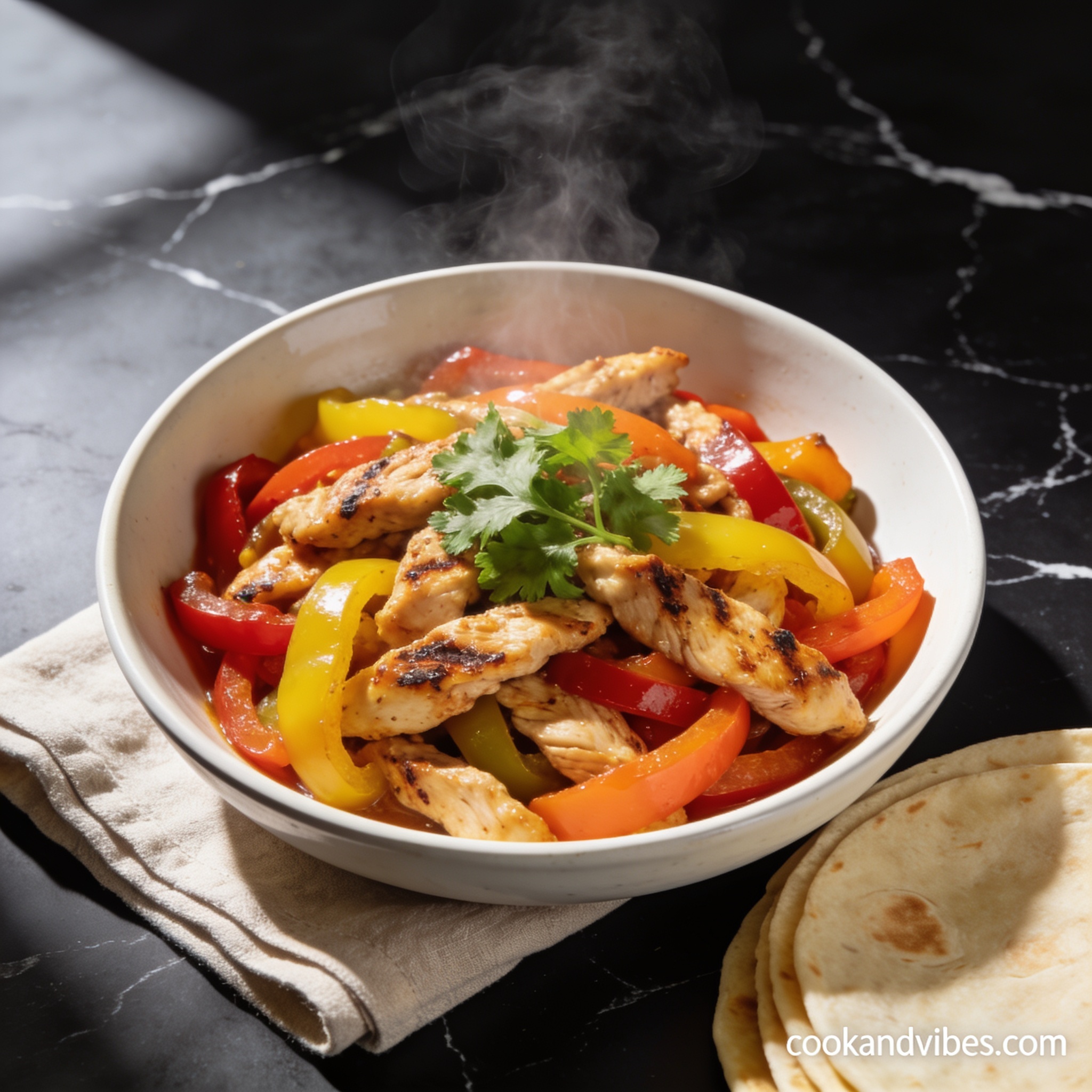 Beautifully plated air fryer kid friendly chicken fajita with bell peppers on black marble countertop