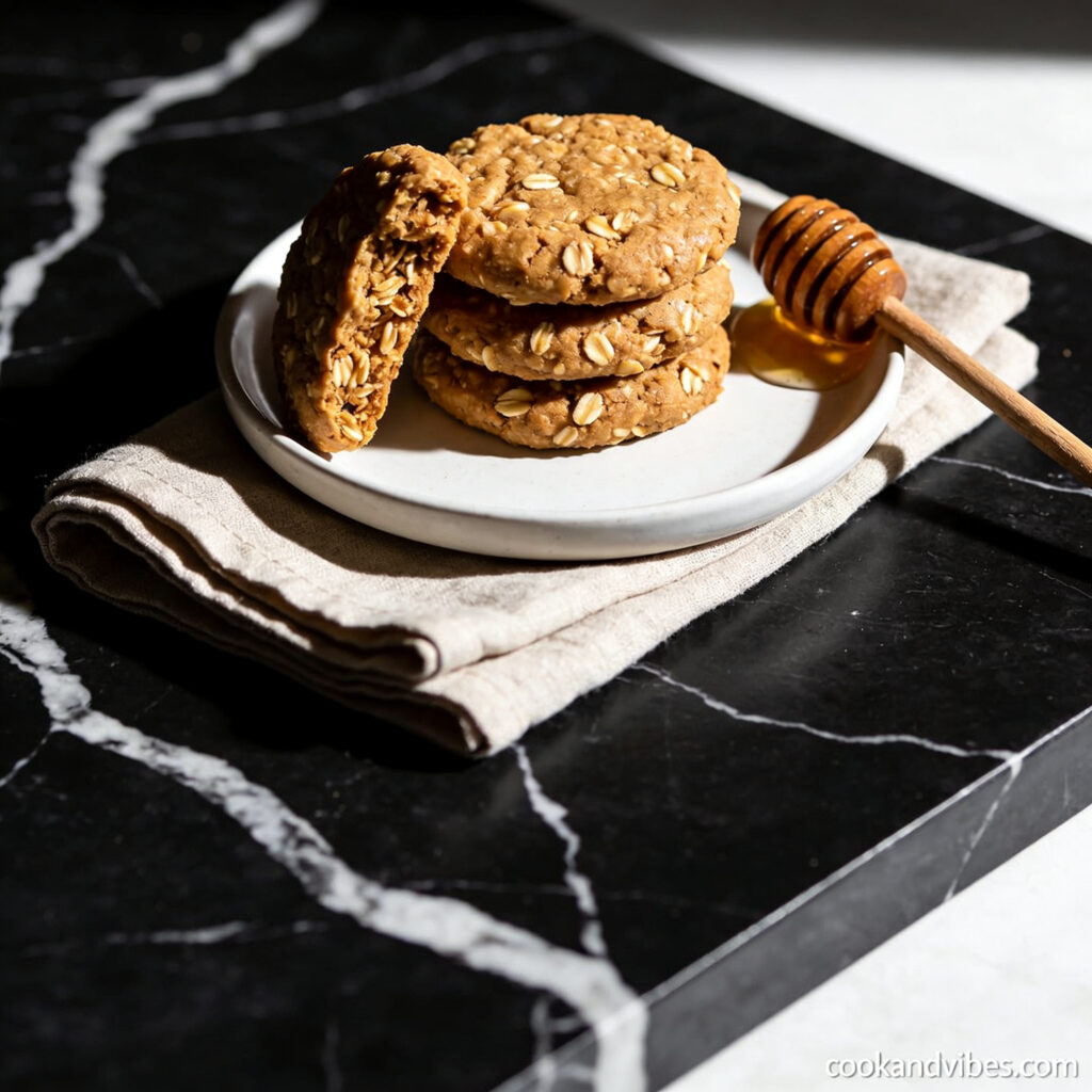 Stack of golden no bake peanut butter cookies with honey on white plate against black marble countertop