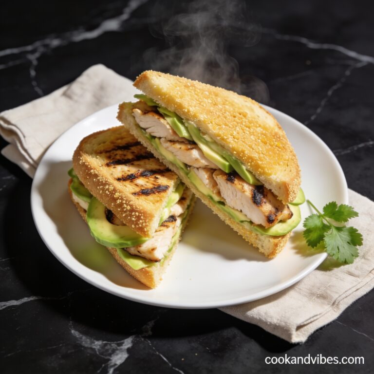 High protein grilled chicken and avocado sandwich with almond flour cut in half on black marble countertop with linen napkin