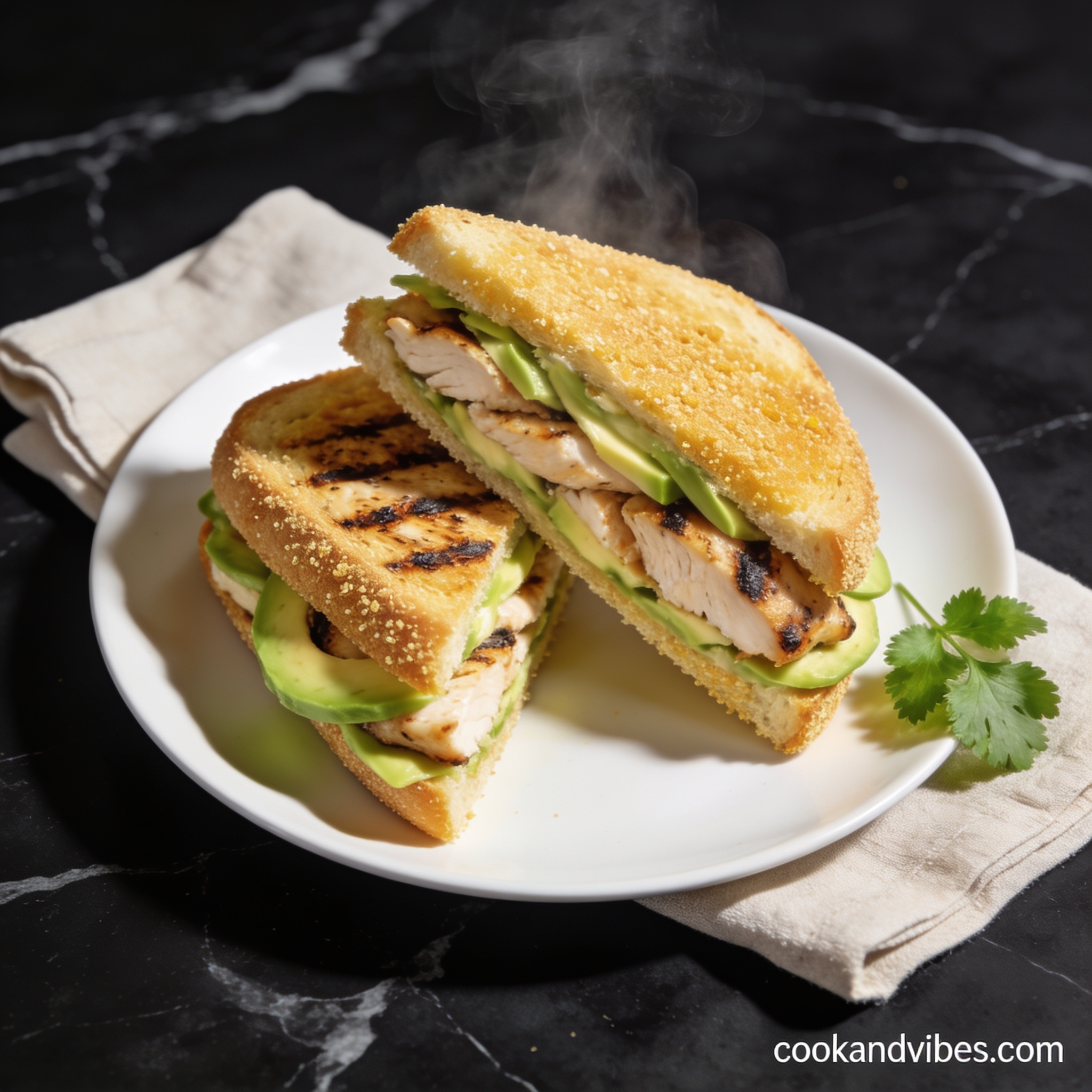 High protein grilled chicken and avocado sandwich with almond flour cut in half on black marble countertop with linen napkin