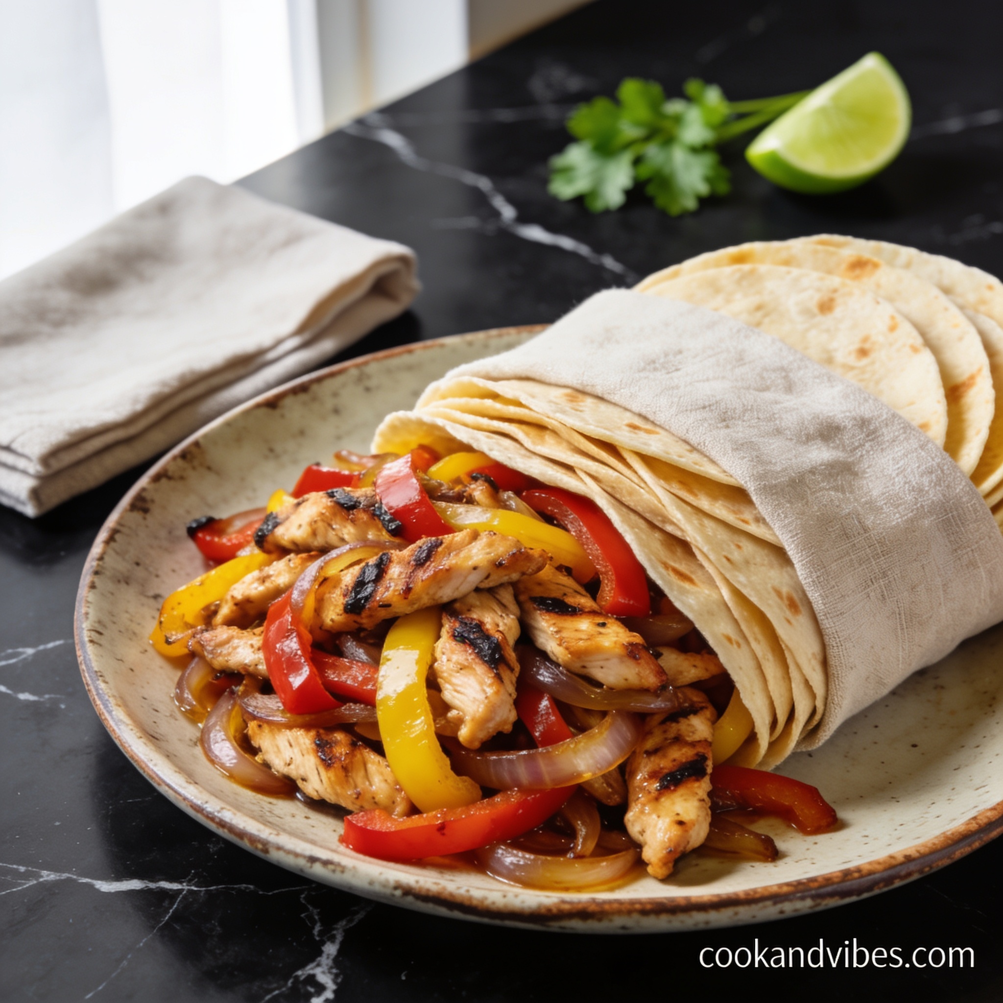 gluten free chicken fajita with bell peppers hero shot — beautifully plated general recipe on black marble countertop
