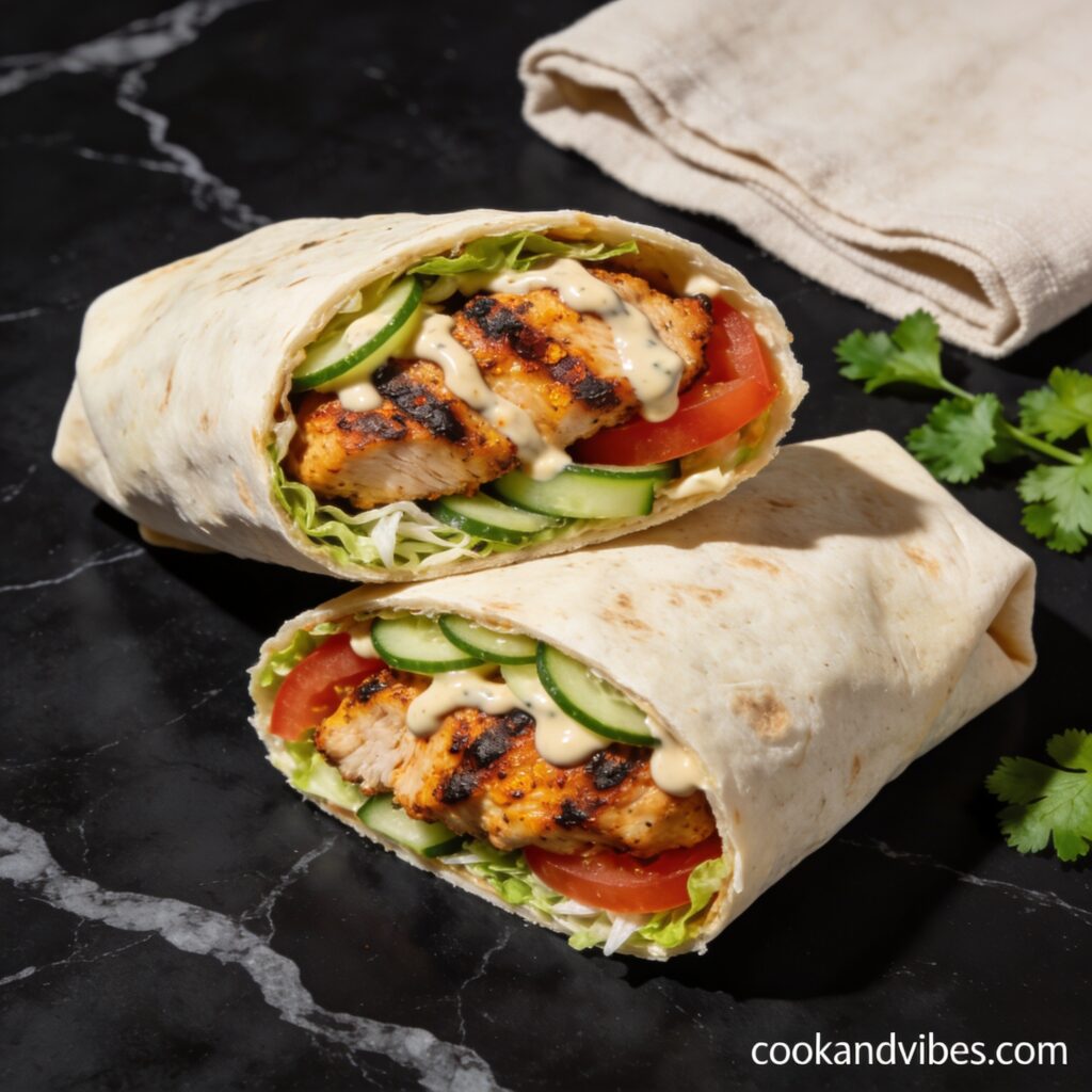 Beautifully plated gluten free grilled chicken shawarma wrap with tahini sliced open on black marble countertop showing grilled chicken interior