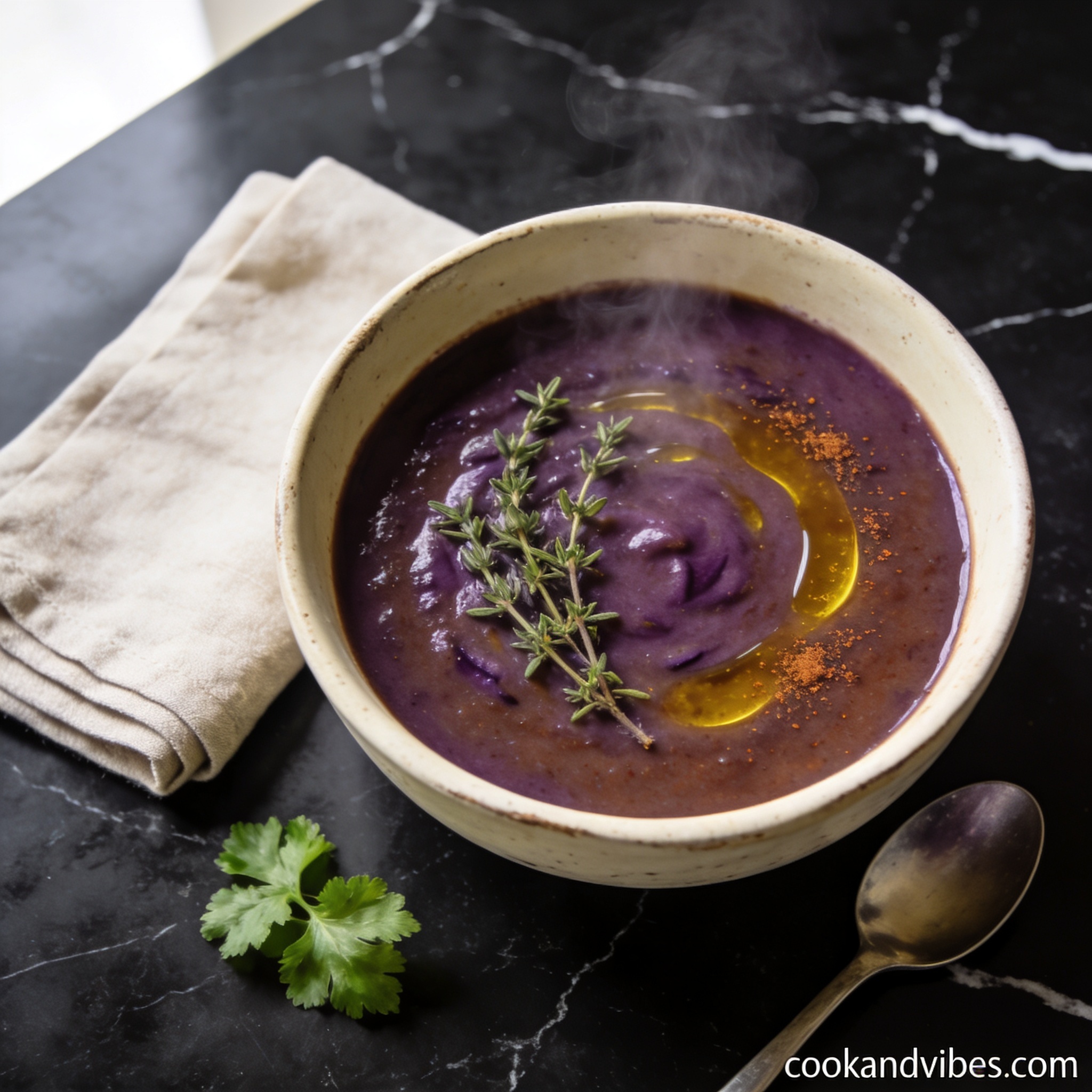 Gluten free roasted eggplant soup in cream ceramic bowl with thyme garnish and steam rising on black marble countertop