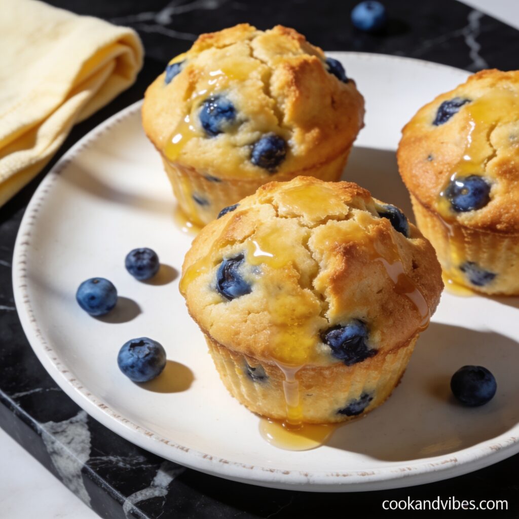 Beautifully plated gluten free lemon blueberry muffin tops with honey on black marble countertop - golden domed crowns with visible blueberries