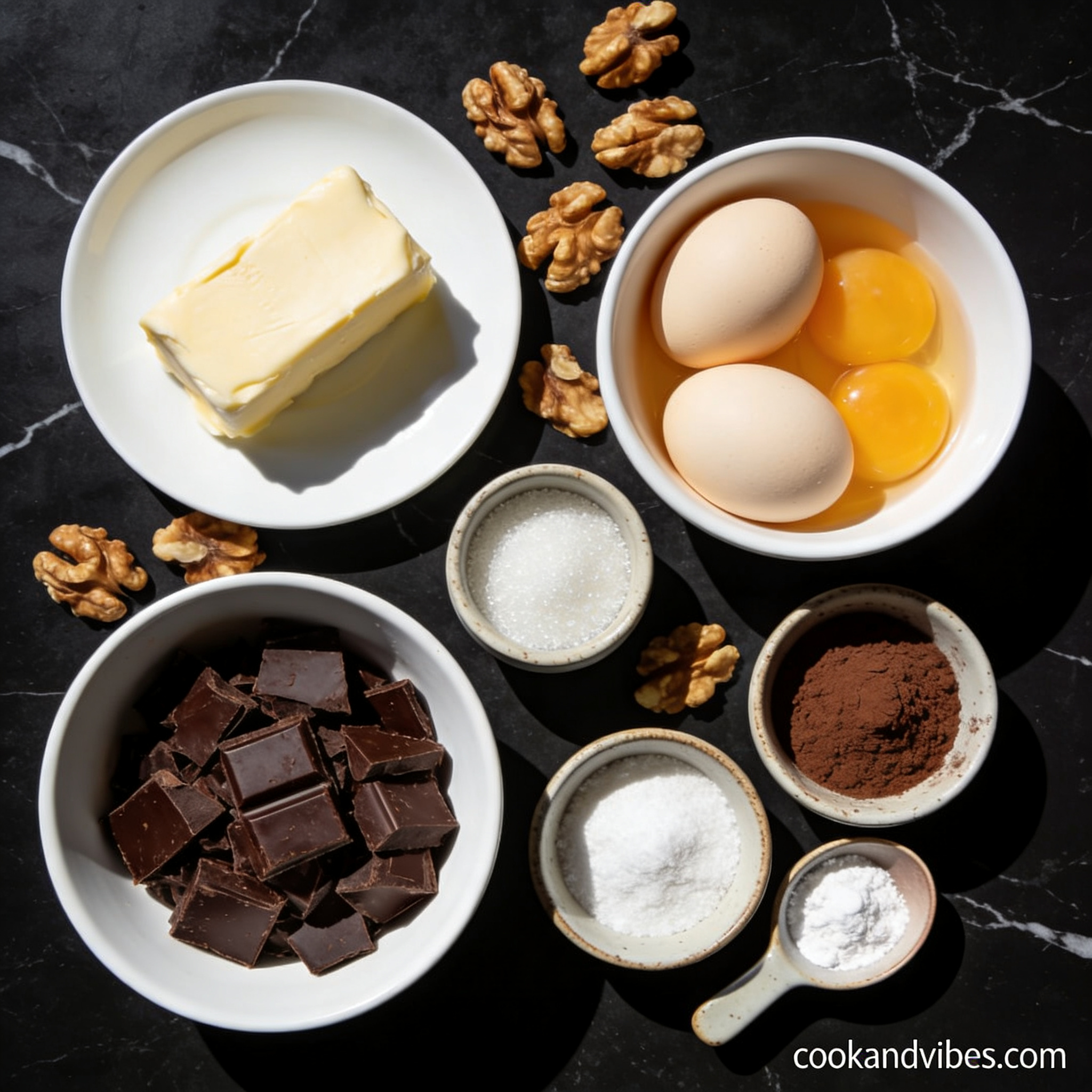 Flat lay of gluten free dark chocolate lava cake ingredients including dark chocolate chunks, butter, eggs, sugar, cocoa powder, cornstarch, and toasted walnuts on black marble
