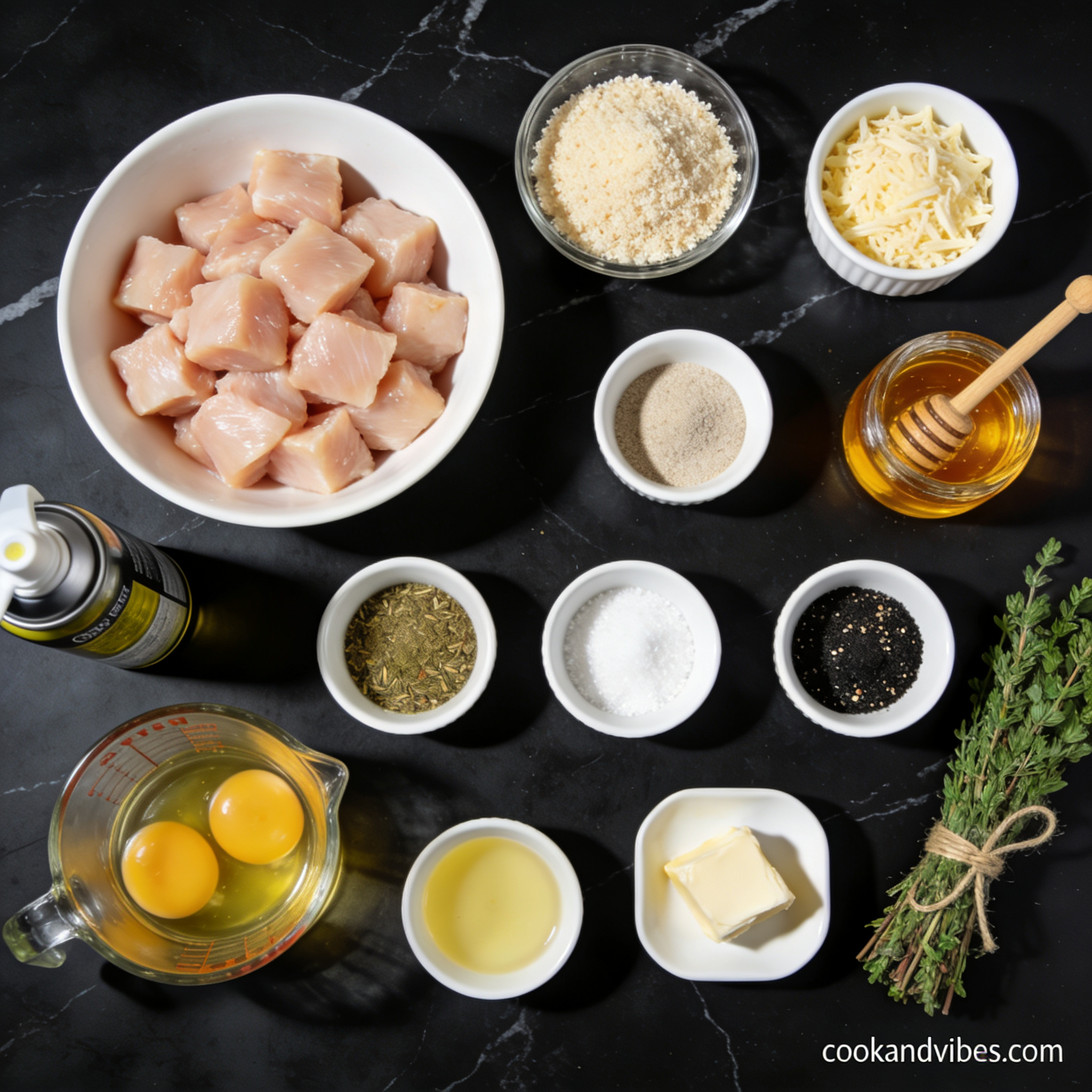 Raw ingredients for air fryer crispy chicken parmesan bites with honey arranged in proper containers on black marble surface