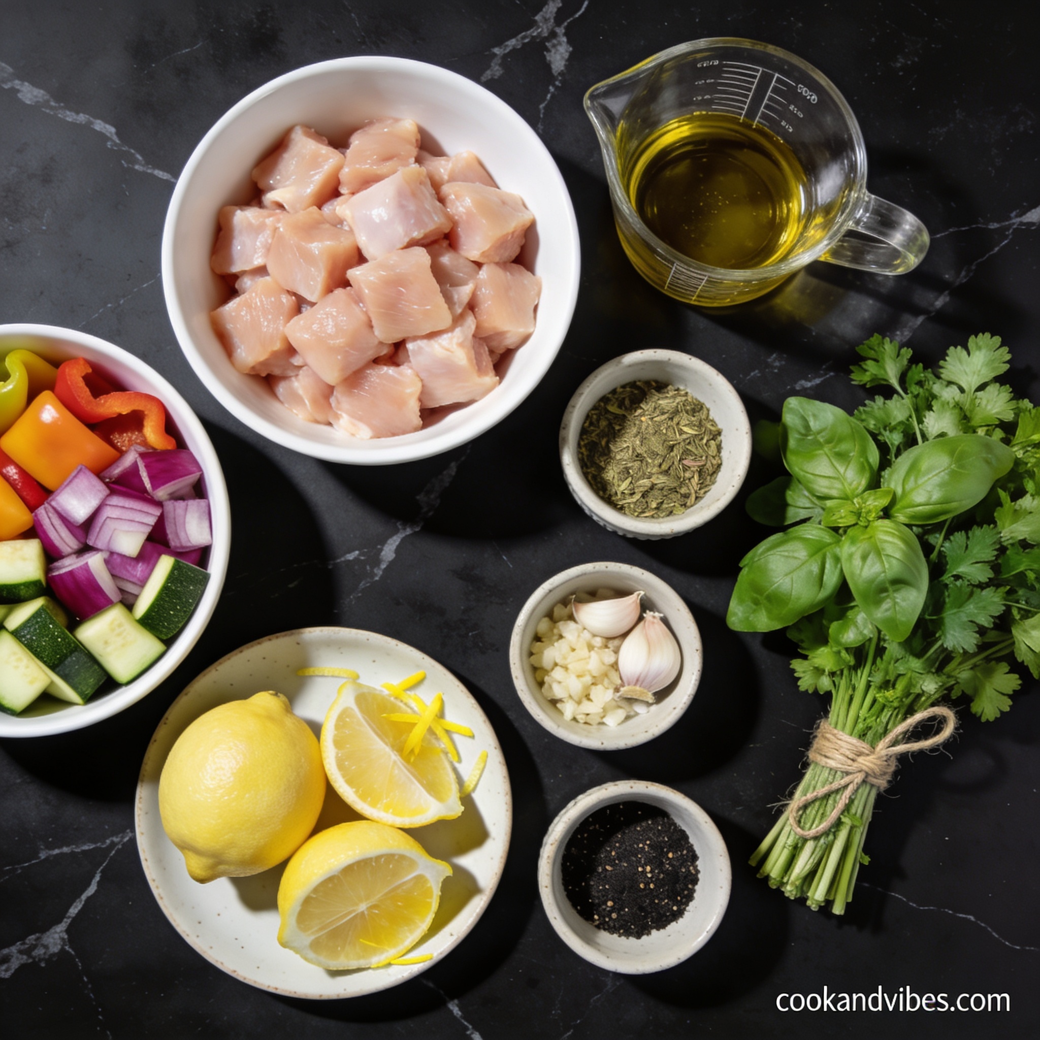 All ingredients for grilled chicken and vegetable skewers with lemon zest arranged in proper containers on black marble
