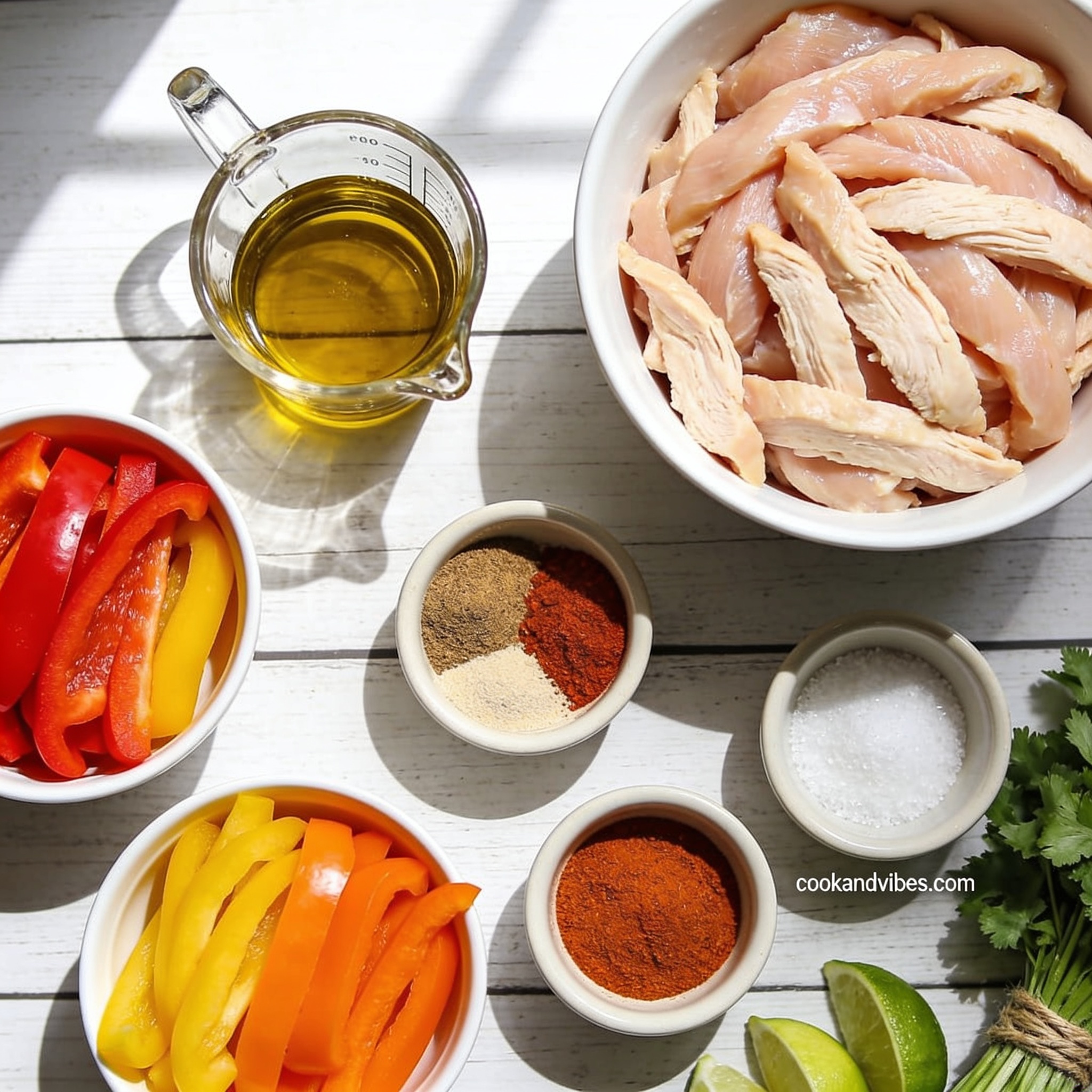 Raw ingredients for air fryer kid friendly chicken fajita with bell peppers arranged in proper containers on whitewashed wood