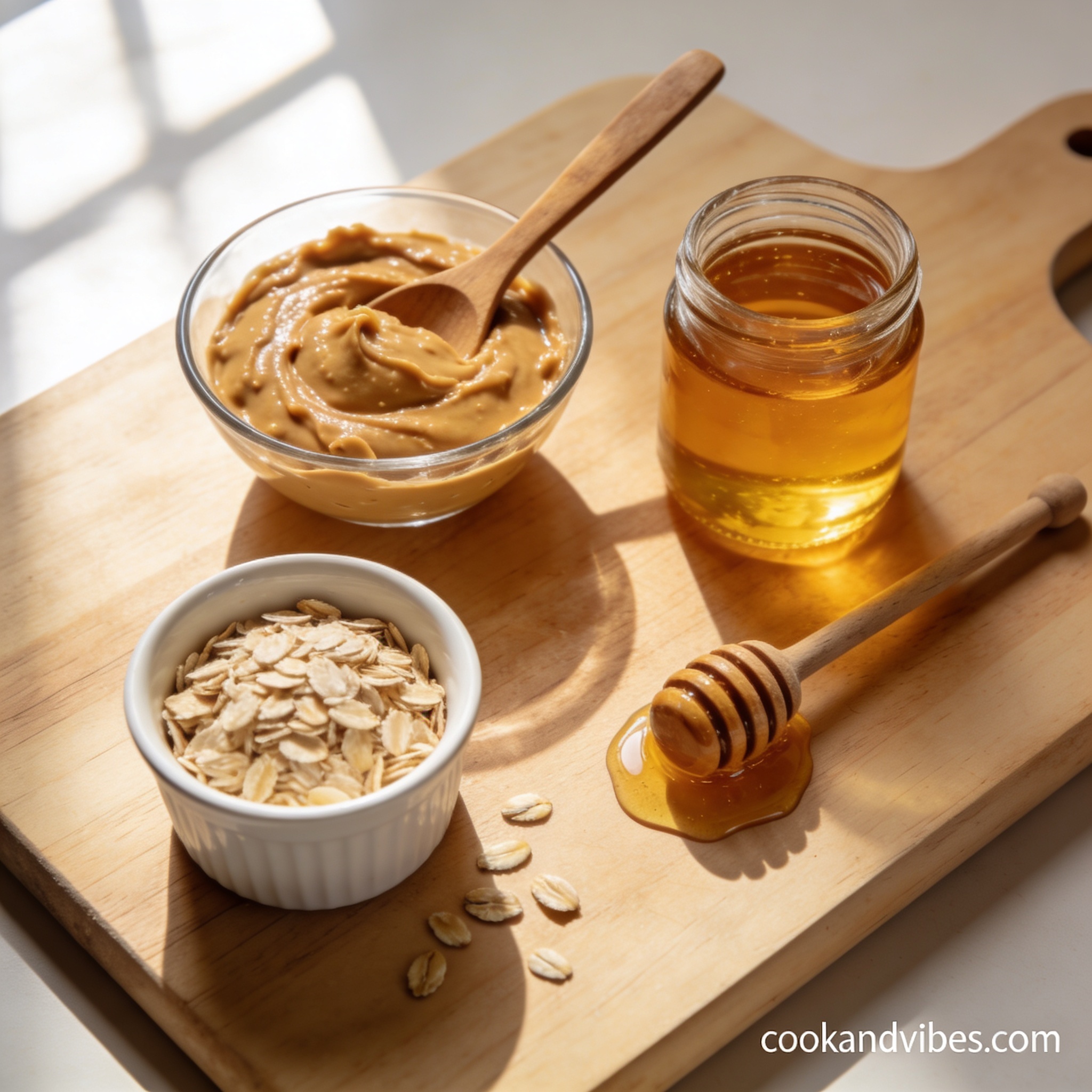 Creamy peanut butter, raw honey with dipper, and rolled oats arranged in proper containers on a wooden cutting board for no bake cookies