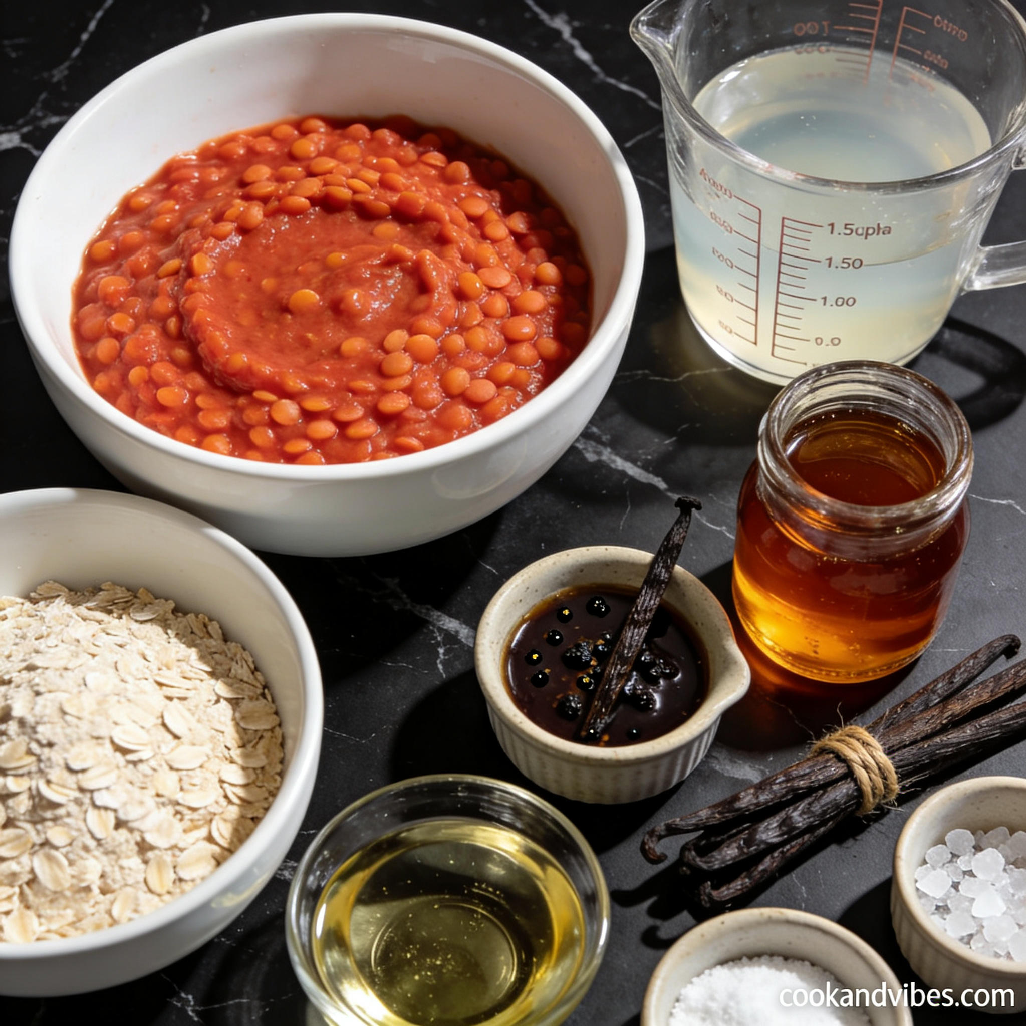 Cooked red lentils, aquafaba, maple syrup, vanilla bean paste, coconut oil, oat flour, baking powder and sea salt arranged in proper containers on black marble for vegan lentil cake