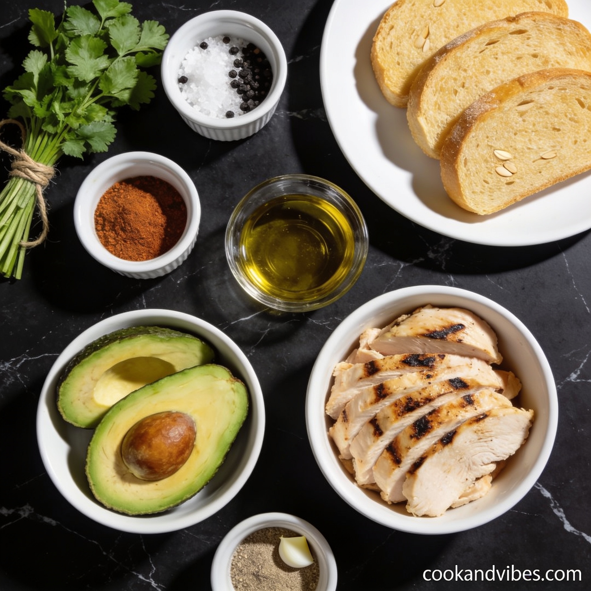 Ingredients for high protein grilled chicken and avocado sandwich with almond flour arranged in white bowls and ceramic ramekins on black marble