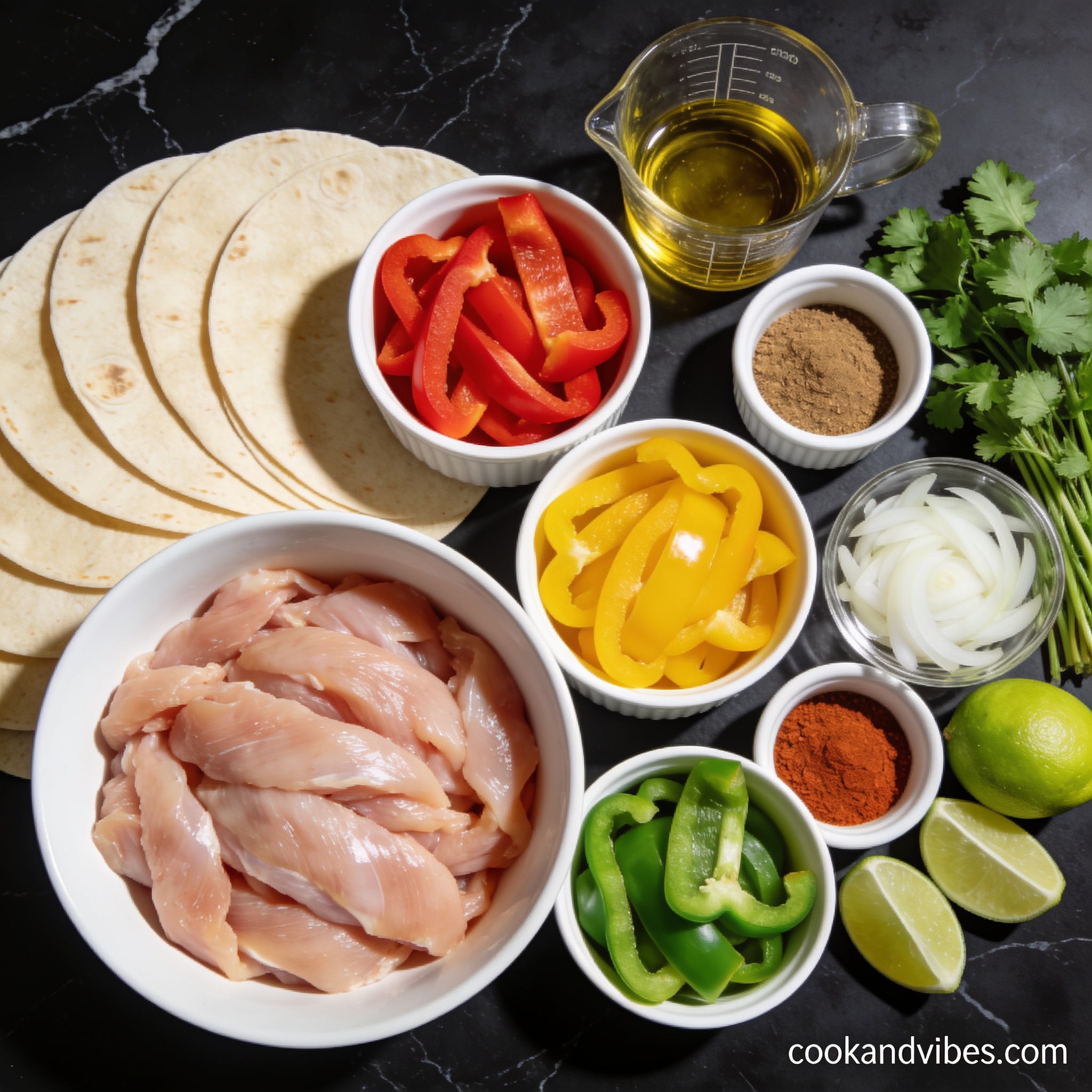 All ingredients for gluten free chicken fajita with bell peppers arranged in proper containers on black marble