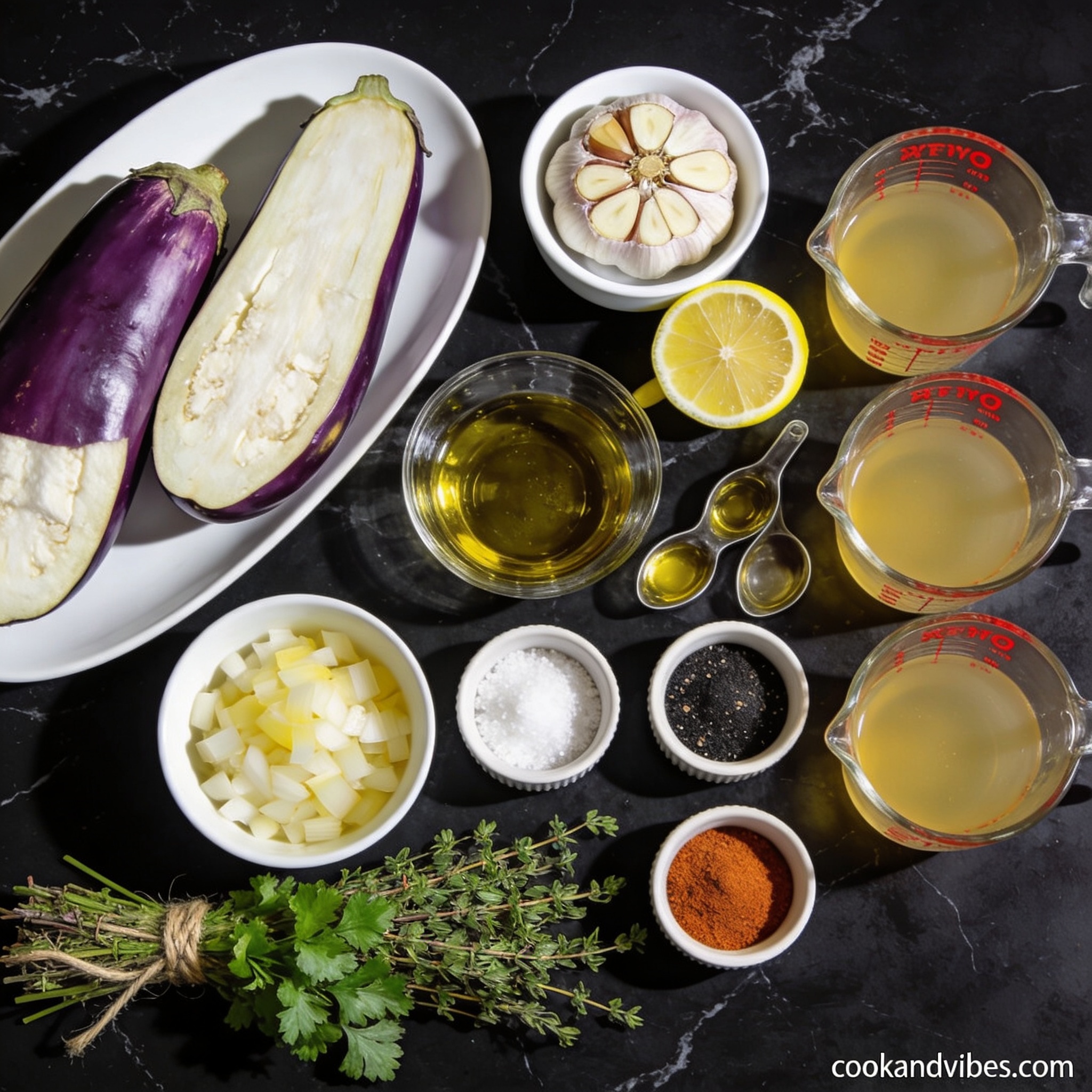 Raw ingredients for gluten free roasted eggplant soup with garlic arranged on black marble — eggplants, whole garlic, olive oil, onion, spices, broth, lemon, and fresh herbs