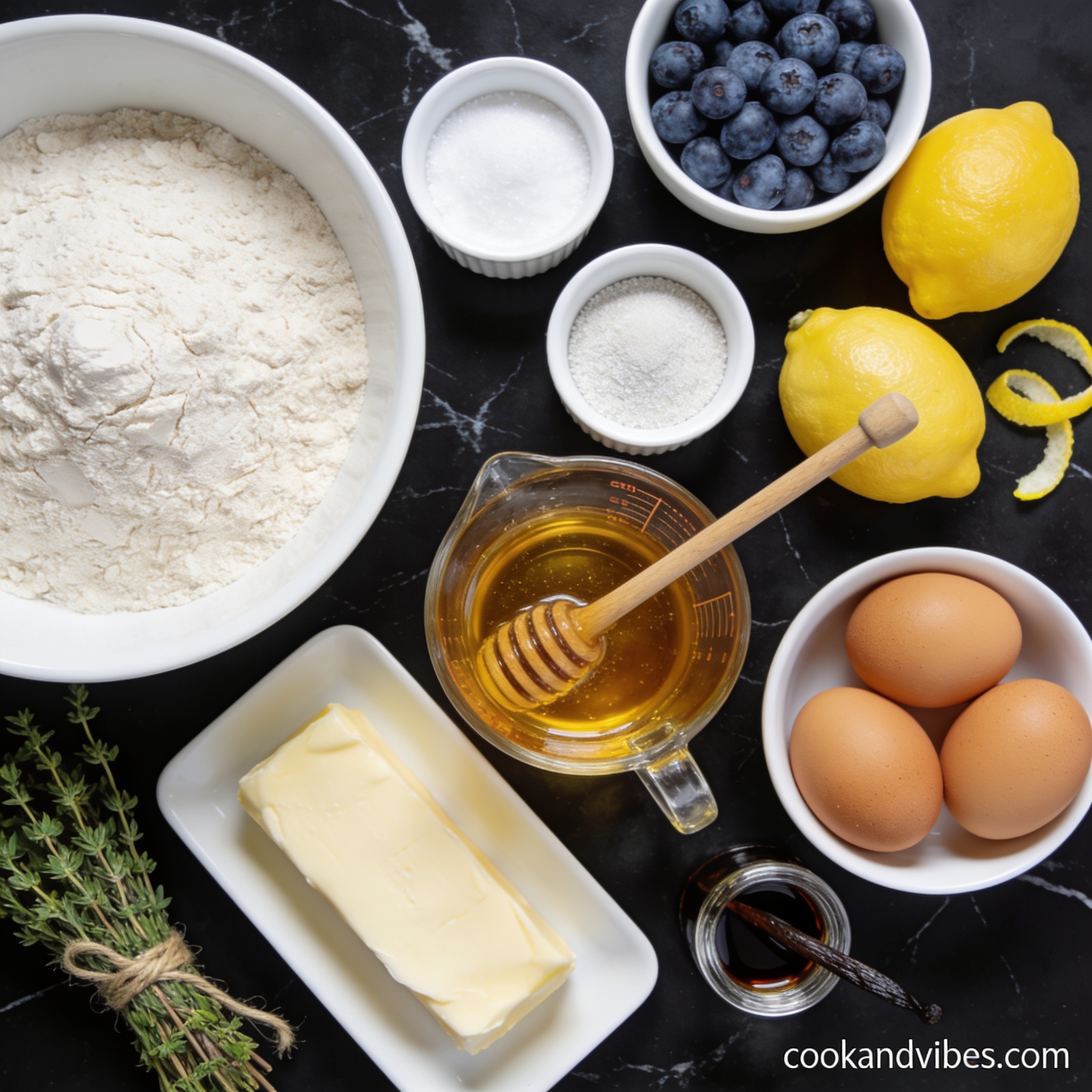 Top-down flat lay of gluten free lemon blueberry muffin tops ingredients on black marble - flour, honey, blueberries, lemons, butter in proper containers