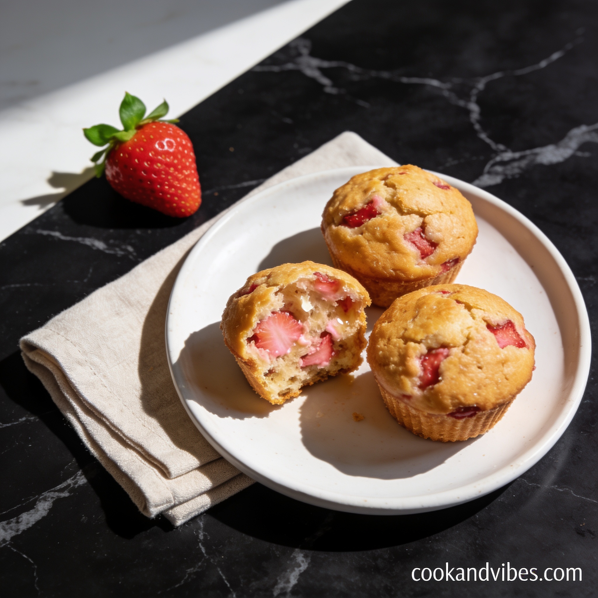 Beautifully styled gluten free strawberry muffins with coconut milk on black marble