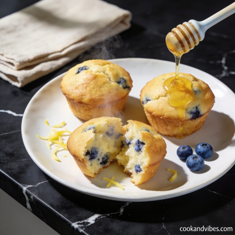 Beautifully plated gluten free lemon blueberry muffin tops with honey on black marble countertop with linen napkin