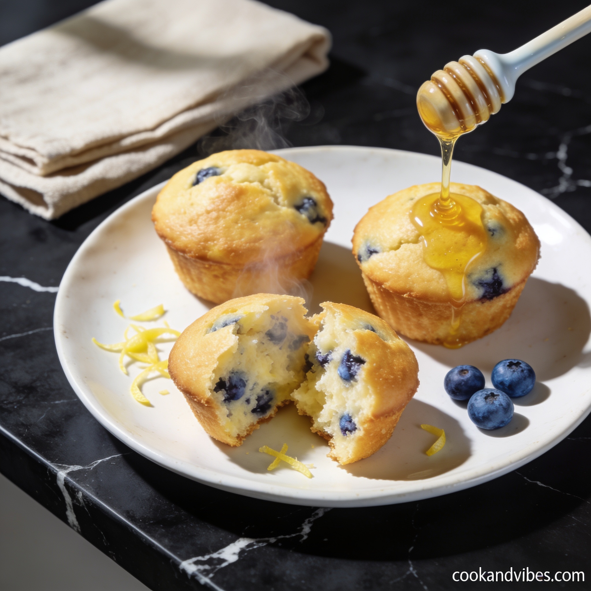 Beautifully plated gluten free lemon blueberry muffin tops with honey on black marble countertop with linen napkin