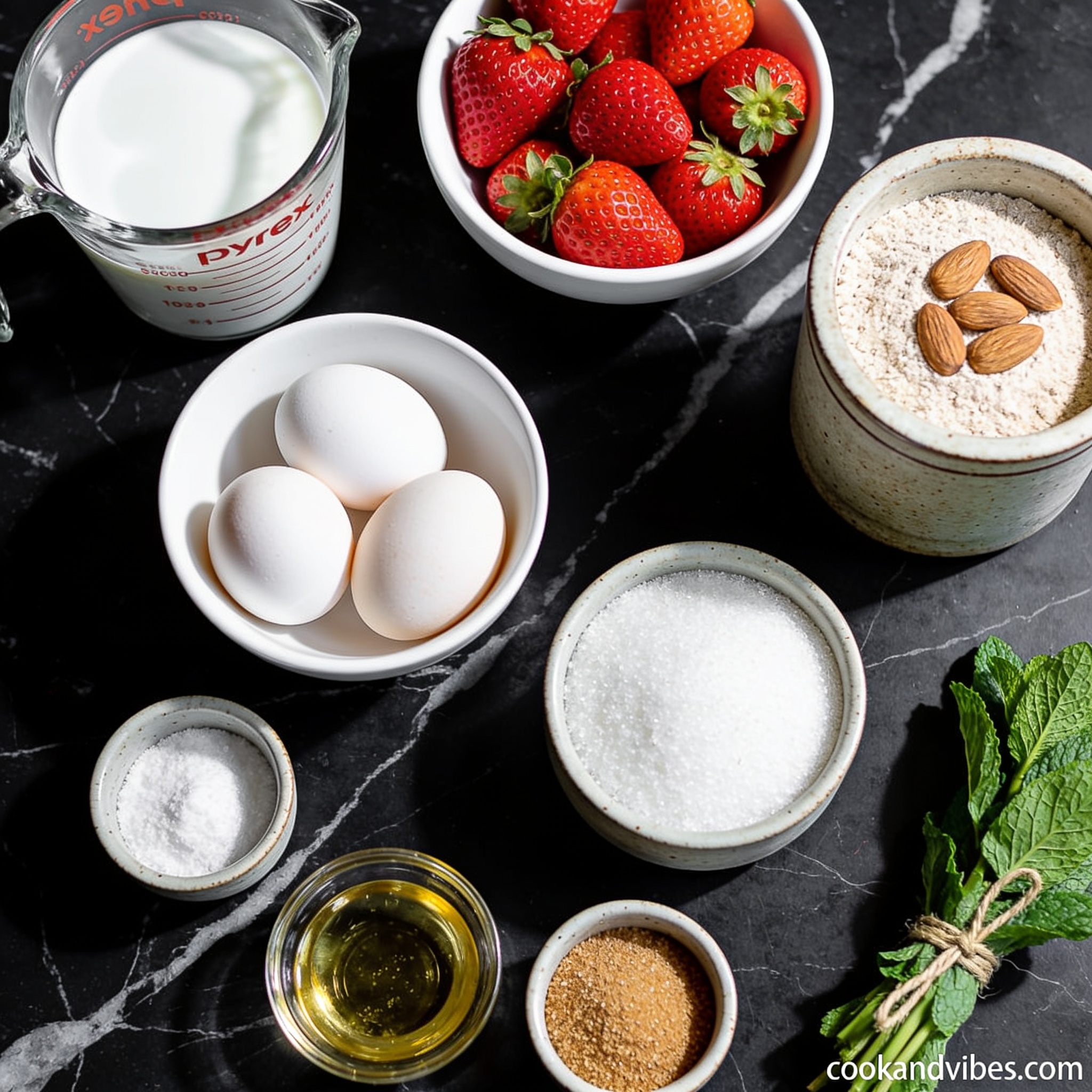 Top-down flat lay of gluten free strawberry muffin ingredients with coconut milk arranged on black marble