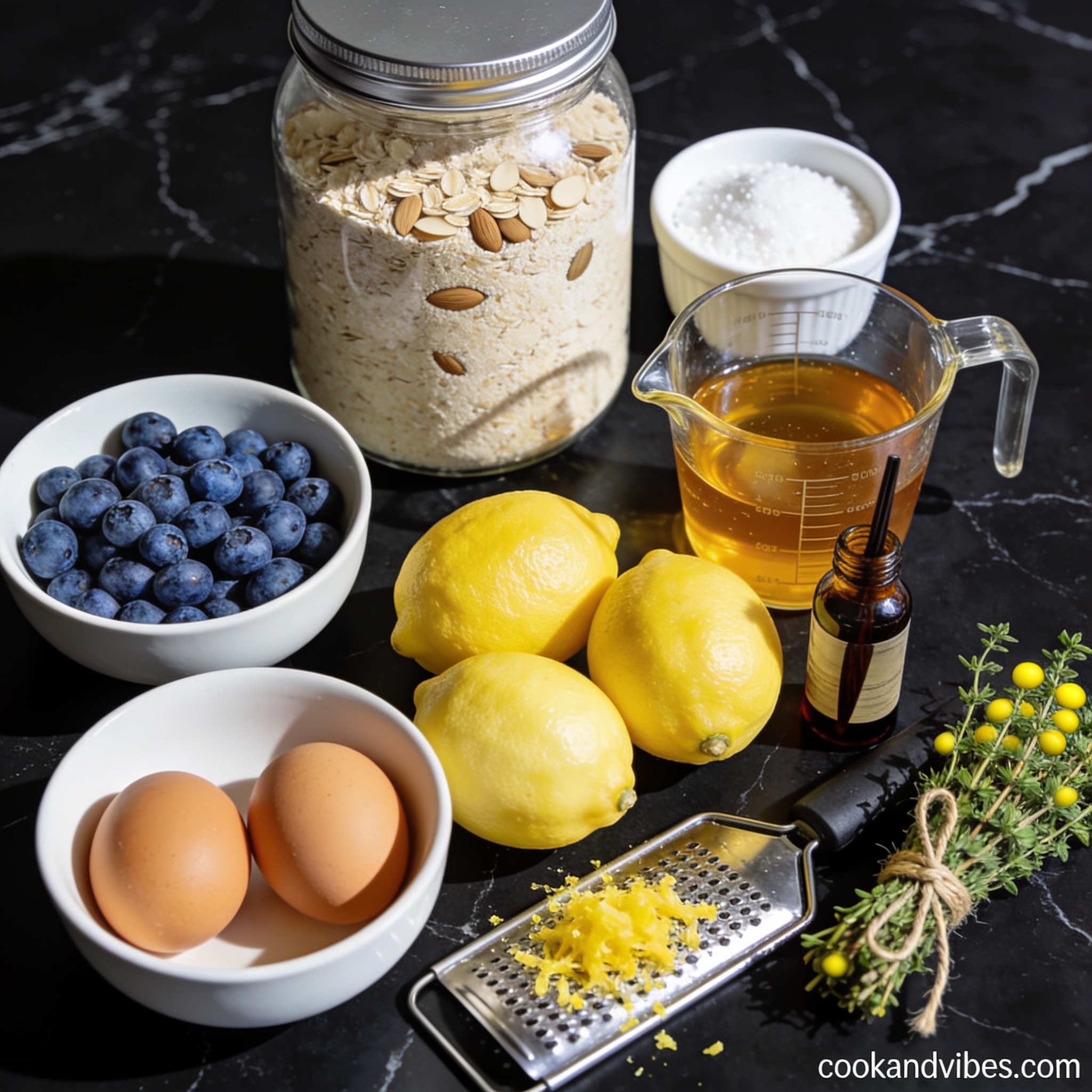 Top-down flat lay of gluten free lemon blueberry muffin tops ingredients including almond flour, honey, blueberries, and lemons on black marble